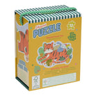 A toy puzzle set in a yellow cardboard box with a green-and-white striped top and handle. The front shows colorful animal illustrations, including a tiger, with the word 'PUZZLE' in large blue letters and a '12' piece icon.