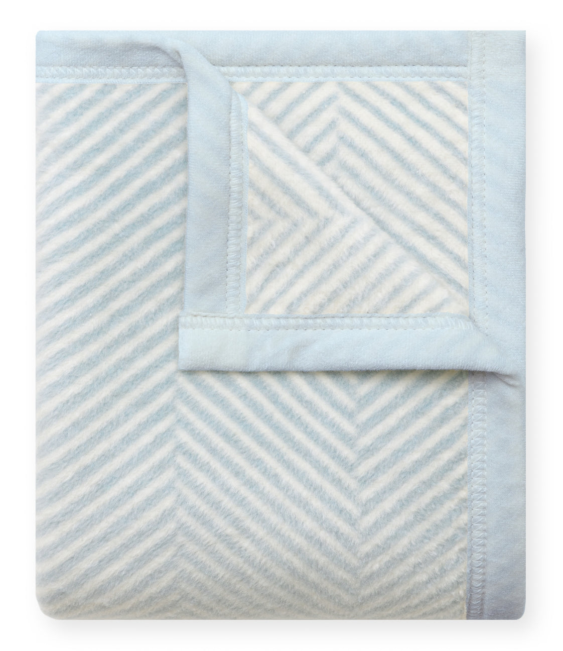 Blue and white striped baby blanket with a chevron pattern on a white background
