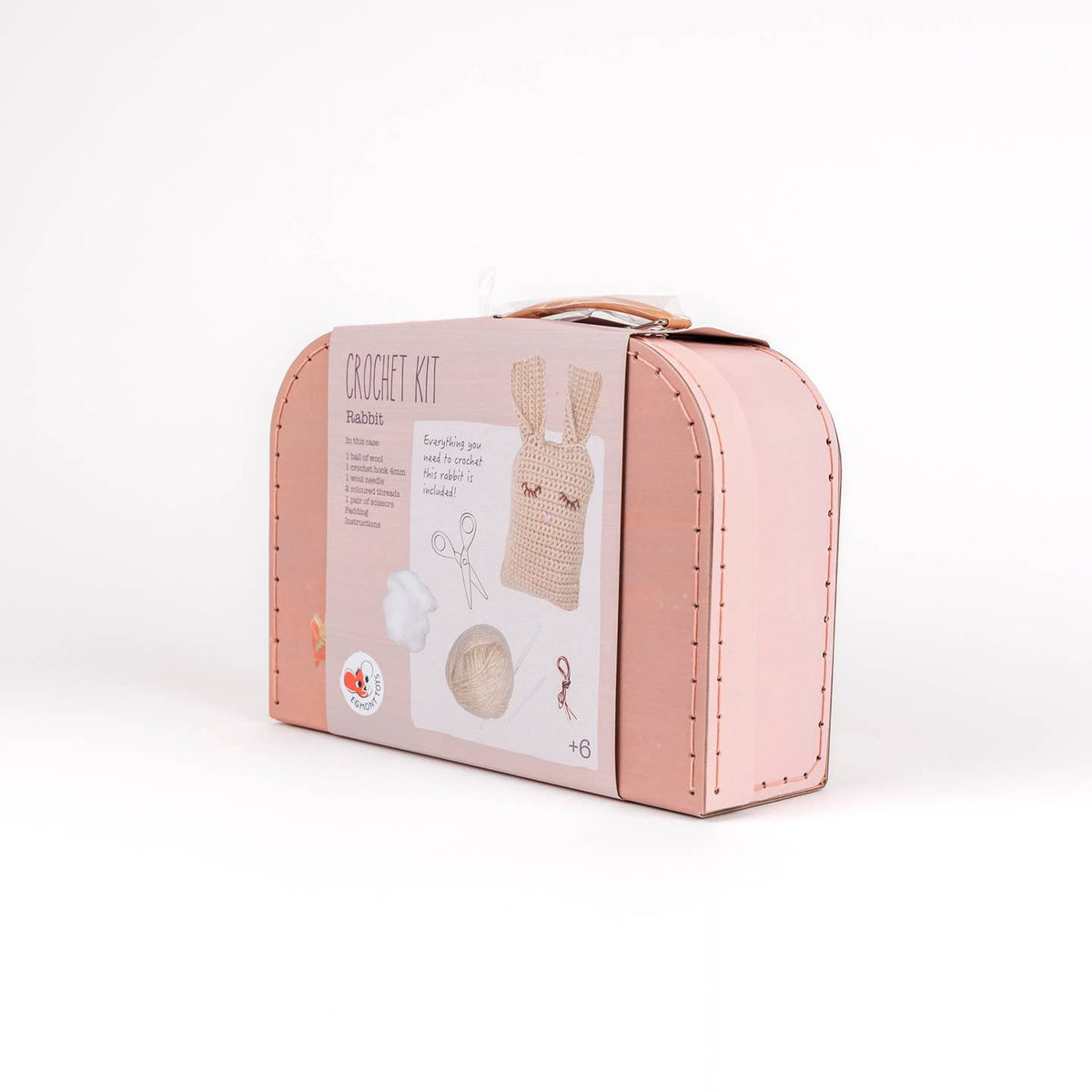 Pink crochet kit packaging with a bunny design on a white background
