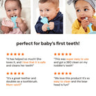 Three babies using a blue teething toy with product reviews below.