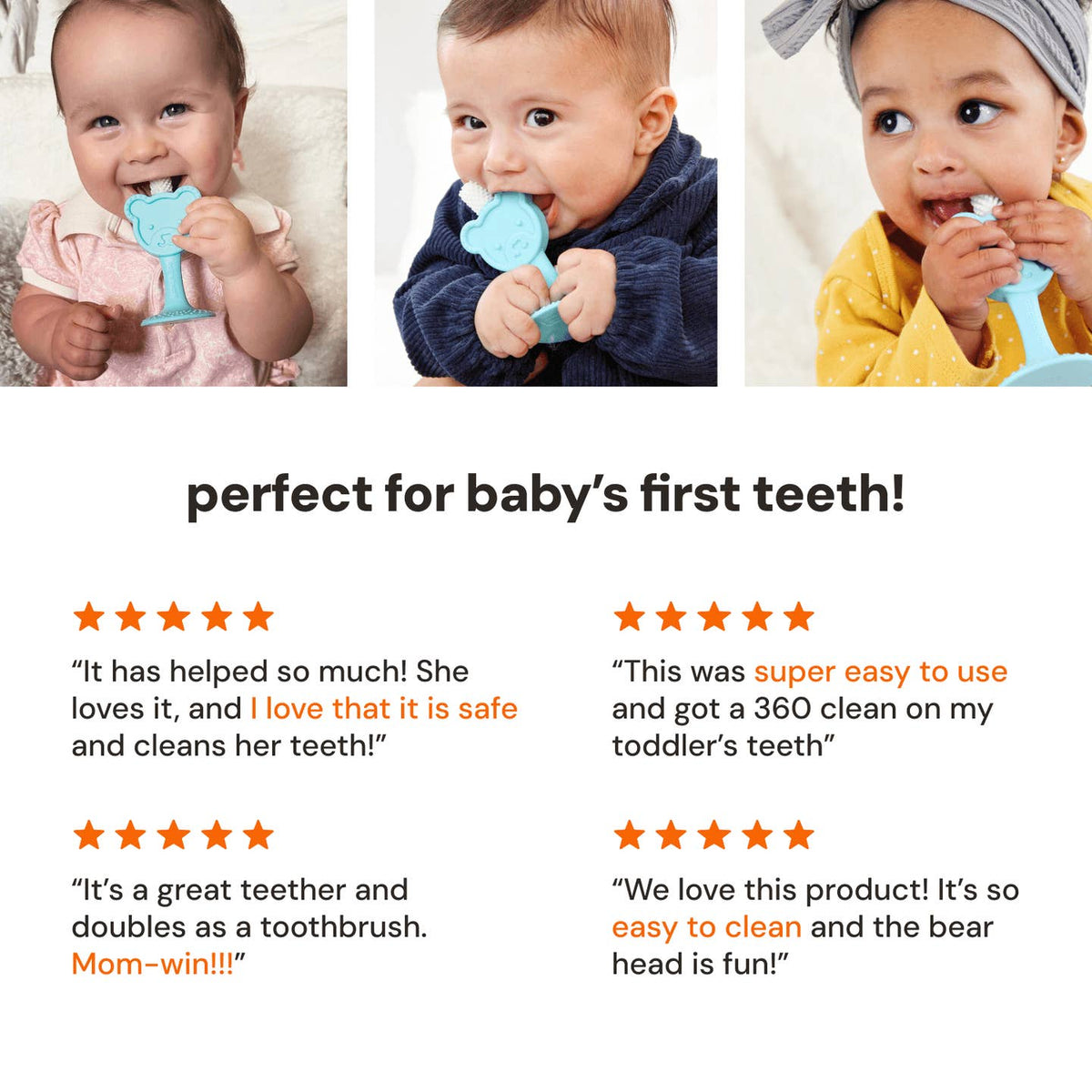 Three babies using a blue teething toy with product reviews below.