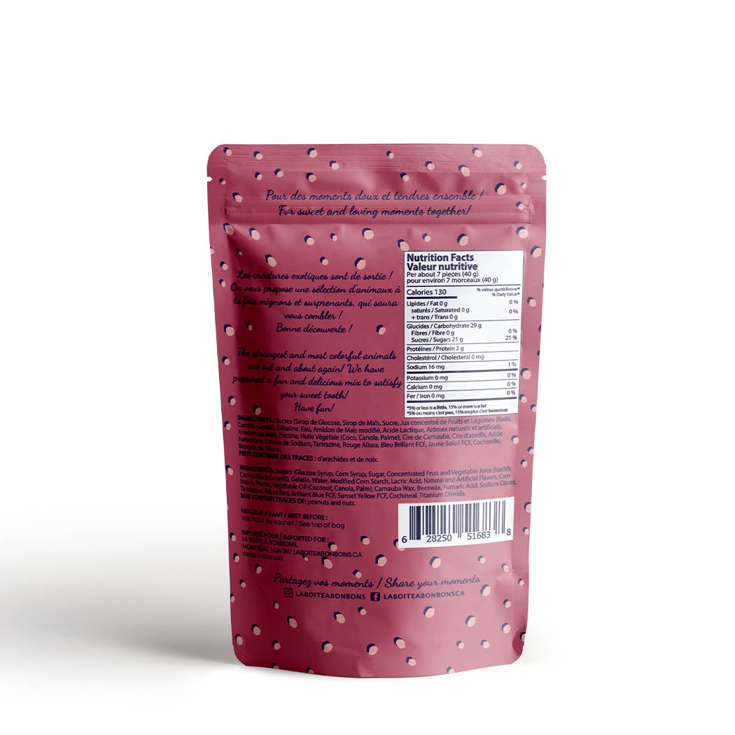 Pink packaging with text and nutrition label on a white background