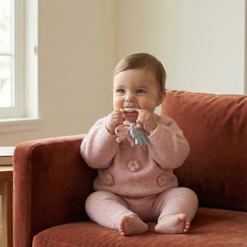 Baby in a pink outfit sitting on a red couch holding a teething toy.