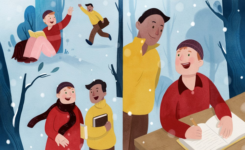Illustration of people in winter clothing in a snowy landscape with trees.