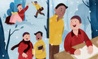 Illustration of people in winter clothing in a snowy landscape with trees.