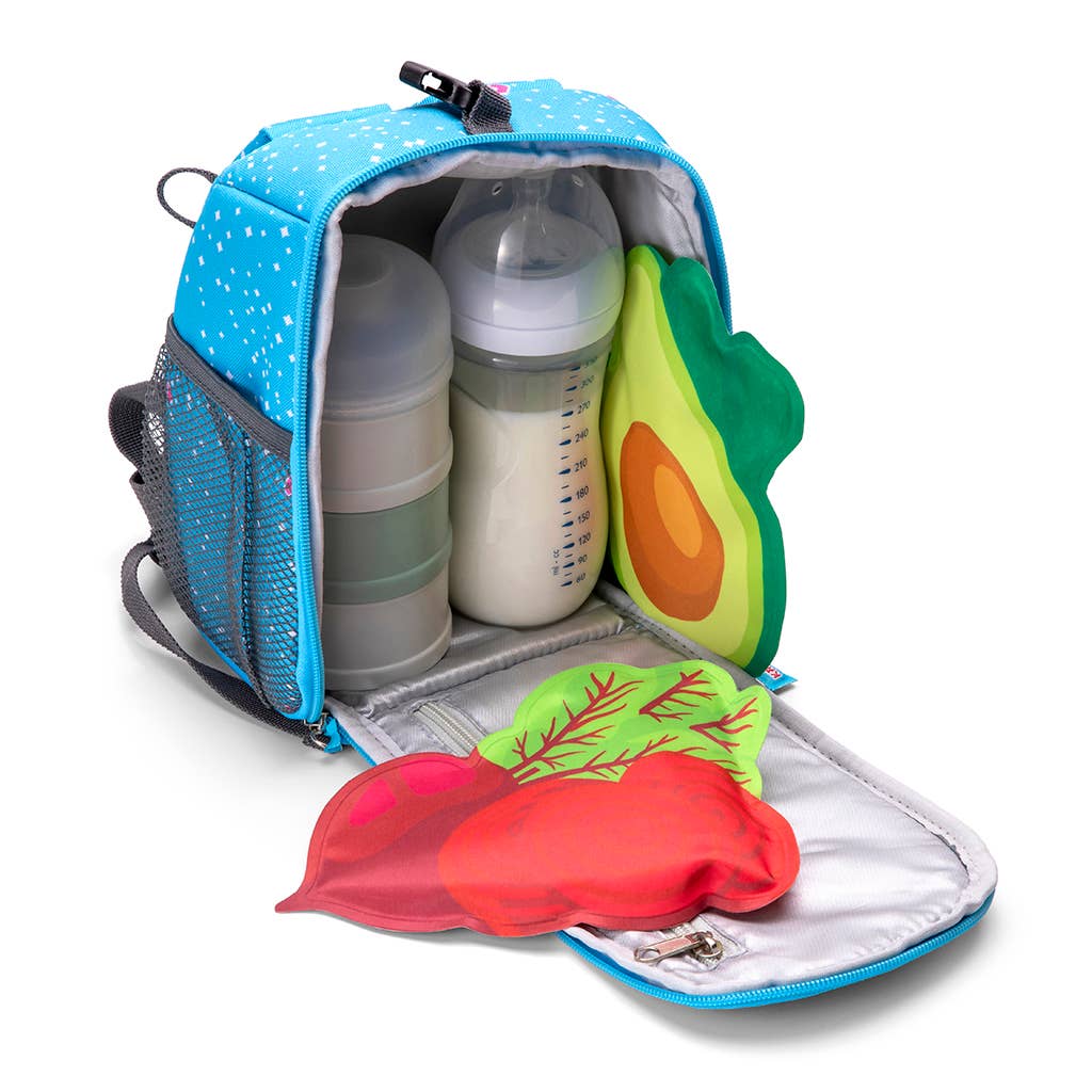 Blue backpack with compartments containing baby bottles and toys on a white background