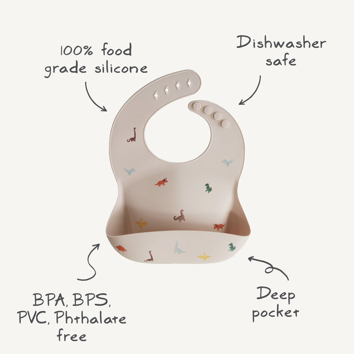 Silicone bib with features labeled on a white background
