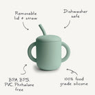 Mint green sippy cup with features highlighted on a white background