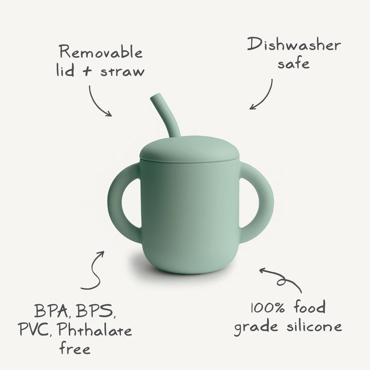 Mint green sippy cup with features highlighted on a white background