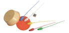 A children's toy set featuring a beige plastic cup, an orange circular base, and several colored plastic sticks or pointers in blue, white, yellow, red, and green, arranged on a plain white background.