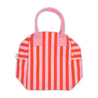 Pink and red striped bag with a handle on a white background