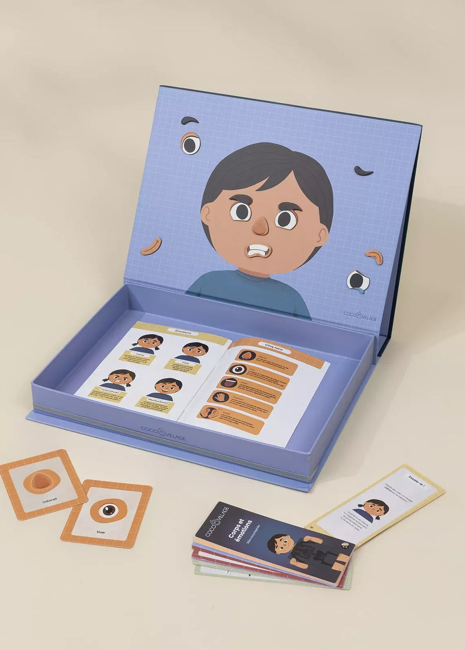 An illustrated open storage box or game box on a light beige background, containing printed cards and small cards placed around it. The box lid shows a cartoon face with eyes, mouth, and hair, and the inside contains labeled cards with matching facial features.