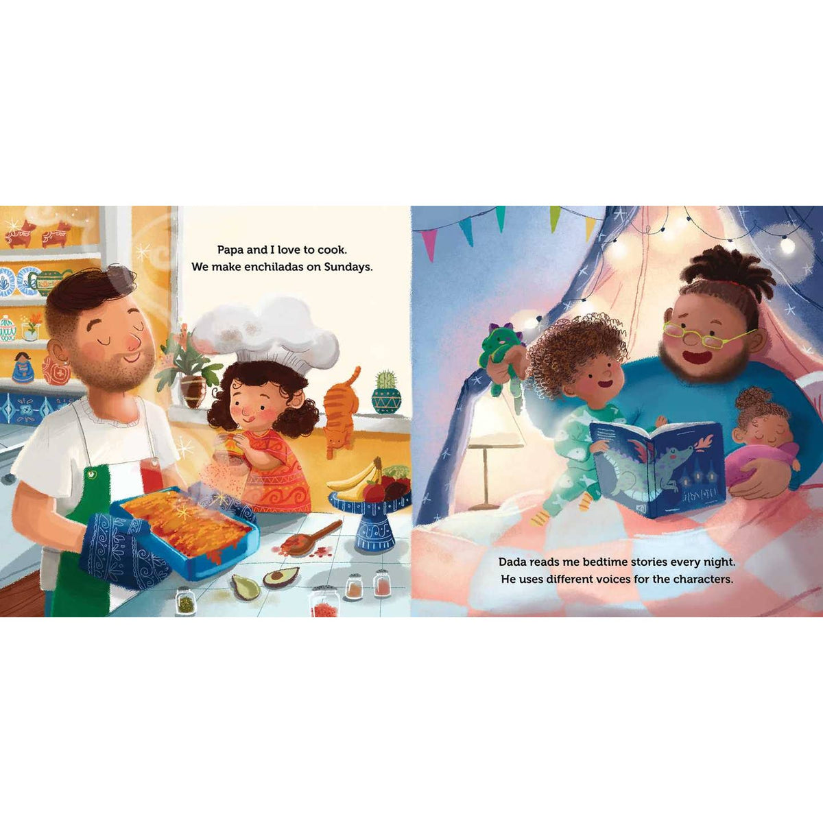 Illustrated book pages showing a father and child cooking and reading bedtime stories.