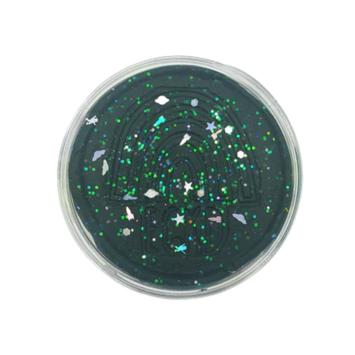 A round clear plastic tub filled with dark green slime containing embedded iridescent glitter, stars, and a rainbow motif, shown against a plain white background.