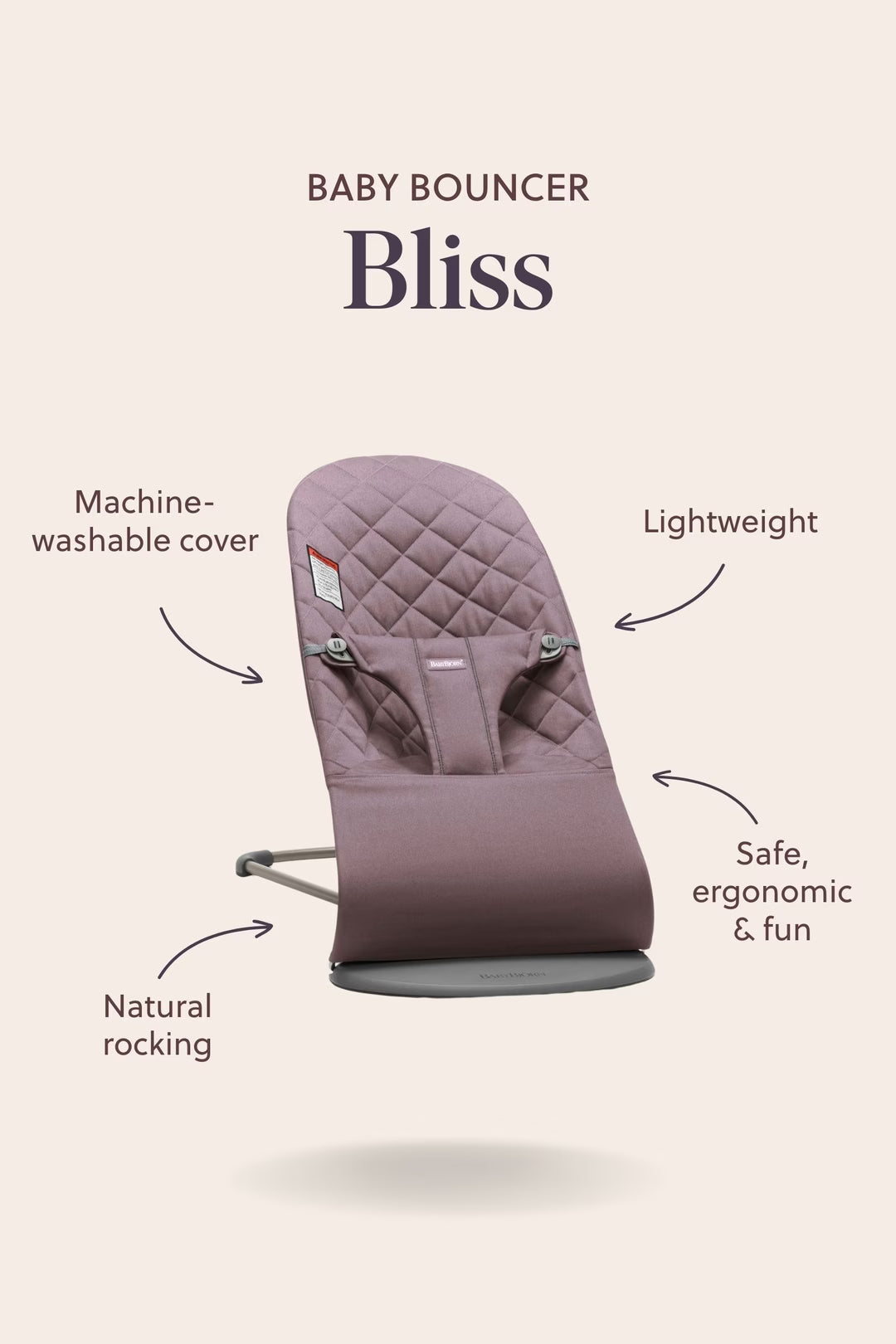 Baby bouncer Bliss with features highlighted on a beige background