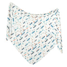 A white baby blanket or swaddle printed with a repeating pattern of colorful sailboats in shades of blue, orange, and gray, displayed against a solid white background.