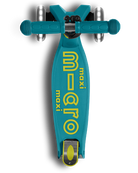 Turquoise scooter with yellow text on a white background