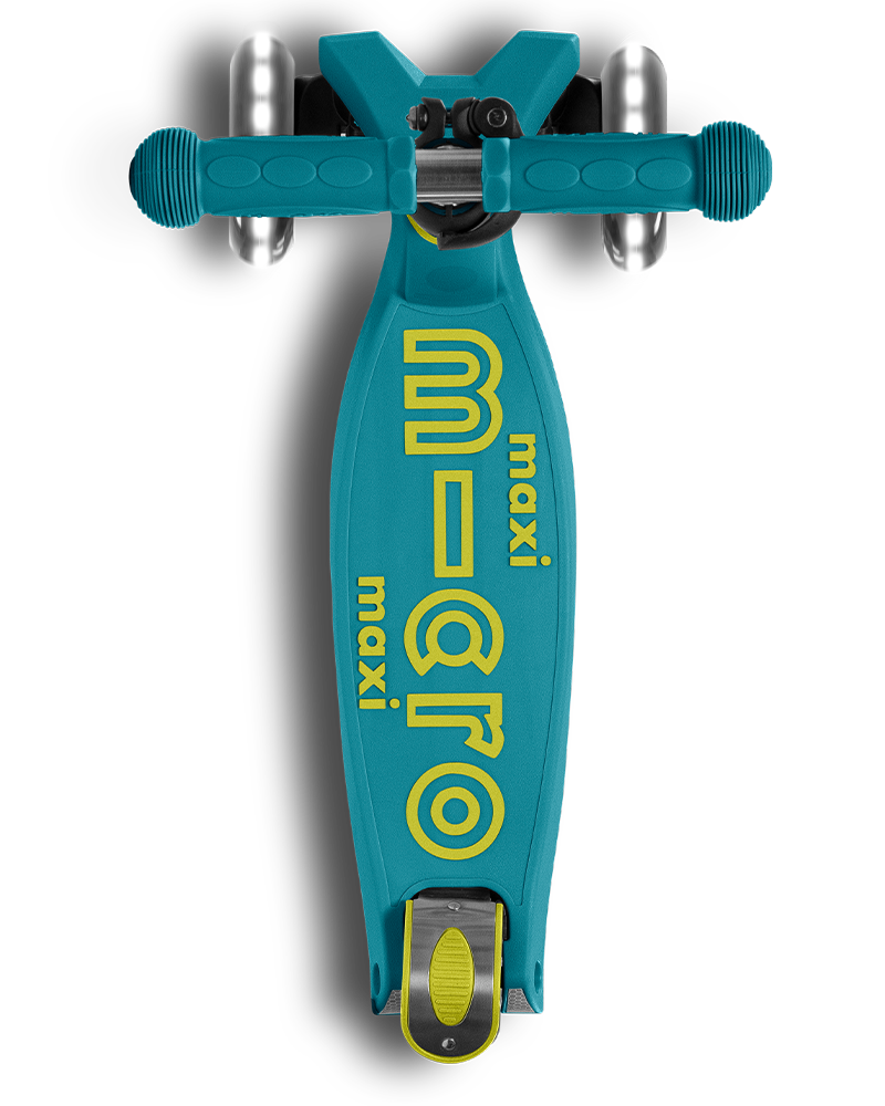 Turquoise scooter with yellow text on a white background