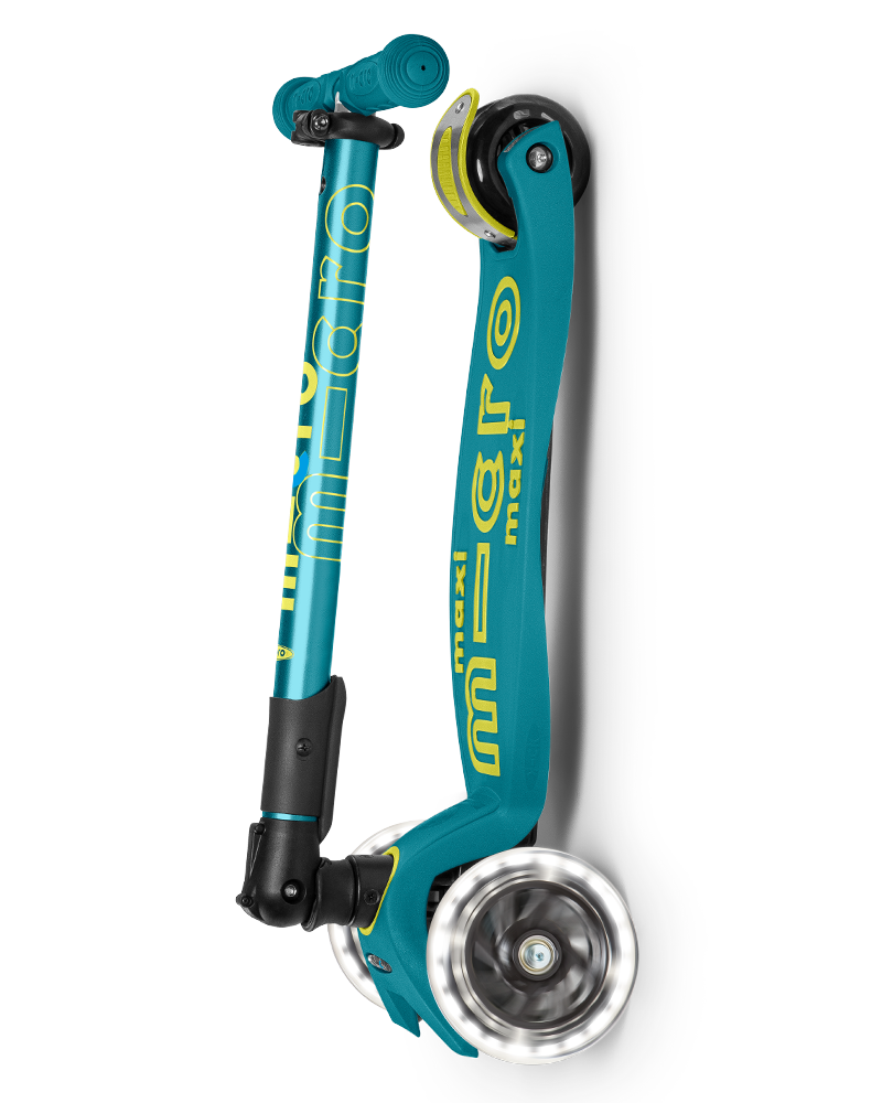 Teal scooter with black accents on a white background