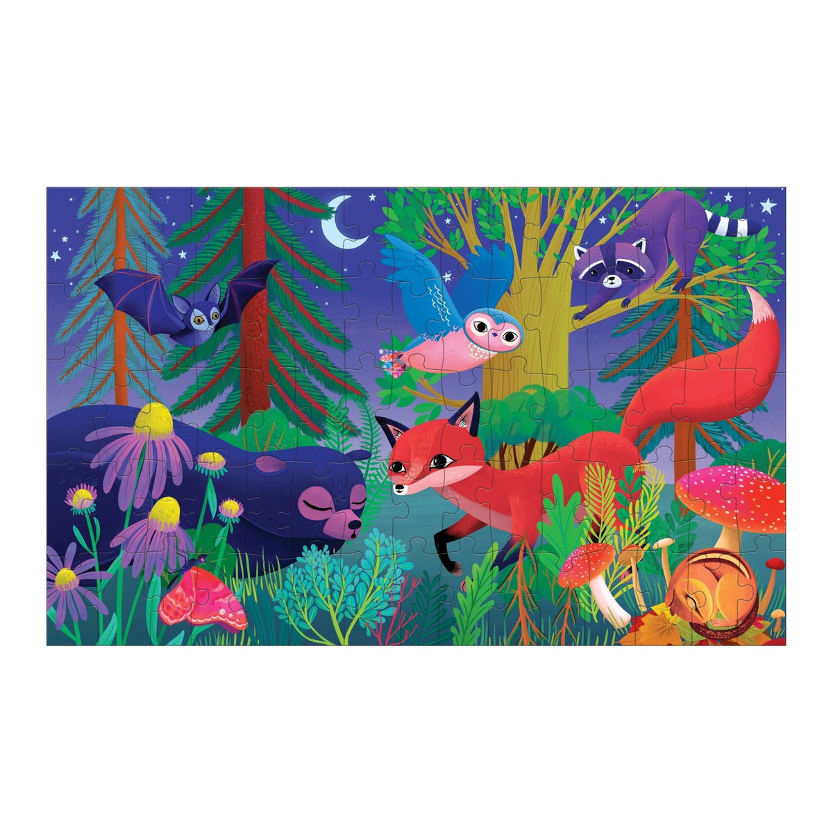 Forest Day & Night 75 Piece Lenticular Puzzle by Mudpuppy featuring vibrant animals and flora from a magical forest scene.