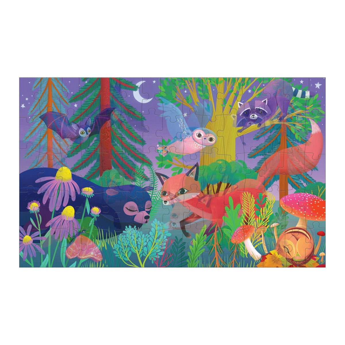 Forest Day & Night 75 Piece Lenticular Puzzle by Mudpuppy featuring vibrant forest animals and plants.