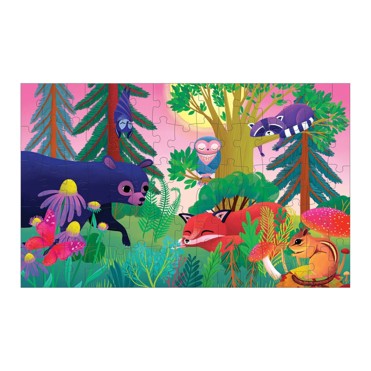 Forest Day & Night 75 Piece Lenticular Puzzle by Mudpuppy features vibrant animals and lush vegetation in a whimsical forest scene.
