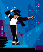 A stylized vector illustration of Michael Jackson in a classic dance pose, wearing a black fedora with a purple band, a white t-shirt, and black pants with a white stripe, set against a blue cityscape background.