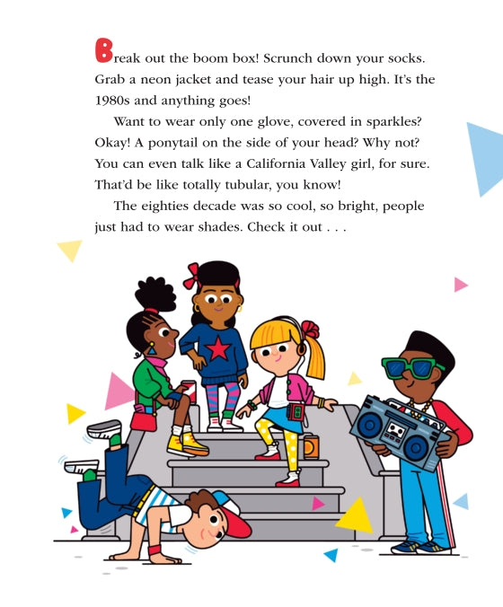 A printed children's fashion-themed page with text about 1980s style clothing and a cartoon illustration of five children in colorful outfits, one holding a boombox.