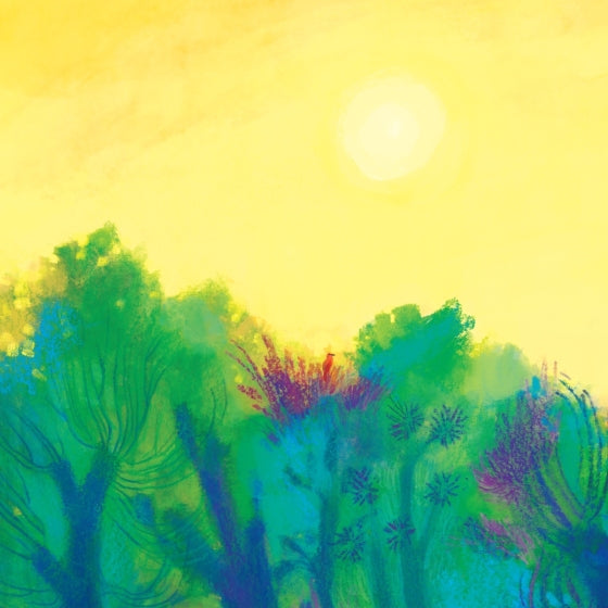 Vibrant watercolor-style landscape artwork showing a bright yellow sun over a dense field of green, blue, and purple trees.