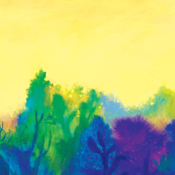 Abstract landscape painting featuring a bright yellow sky and colorful tree silhouettes in green, blue, purple, and orange.