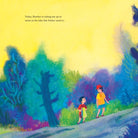 A colorful children's book illustration showing two children walking along a path in a dreamy, painterly landscape with trees and a bright yellow sky. Small black text at the top reads, 'Today, Brother is taking me up to swim in the lake like Father used to.