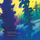 A colorful children's book illustration showing dark blue pine trees and brush against a bright yellow sky, with a small red bird near the top right and a quote printed at the bottom left.