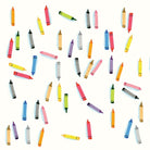 A repeating pattern of colorful crayons scattered across a plain white background.