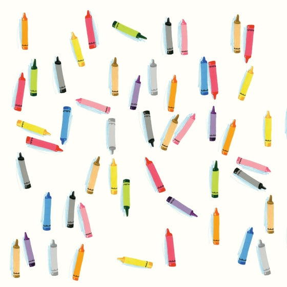 A repeating pattern of colorful crayons scattered across a plain white background.