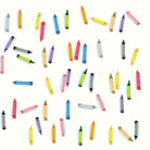 A repeating pattern of colorful crayons scattered across a plain white background, with each crayon shown in a different pastel and bright hue.