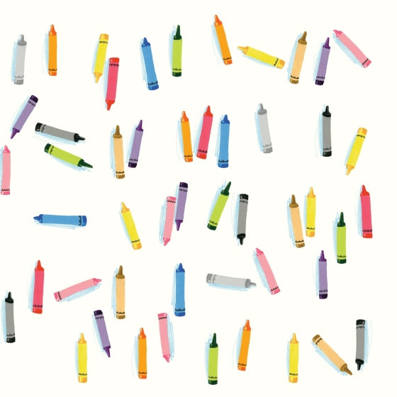 A repeating pattern of colorful crayons scattered across a plain white background, with each crayon shown in a different pastel and bright hue.