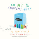 Book cover for 'The Day the Crayons Quit' by Drew Daywalt, featuring a hand-drawn illustration of a blue crayon box with colorful crayons and handwritten title text on a white background.