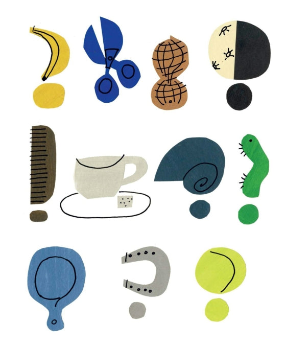 A collection of whimsical, hand-drawn abstract shapes and objects arranged in a grid on a white background, including a banana, scissors, a nut, a half face, an exclamation mark, a comb, a teacup with a tea bag, a shell, a green caterpillar, a blue mirror, a horseshoe, and colored circles.