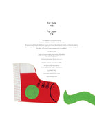 A printed page with the title 'For Rafe MB For John CR' at the top and a colorful children's book cover illustration below. The cover shows a red and white boot with a green circular patch, photographed on a white background.