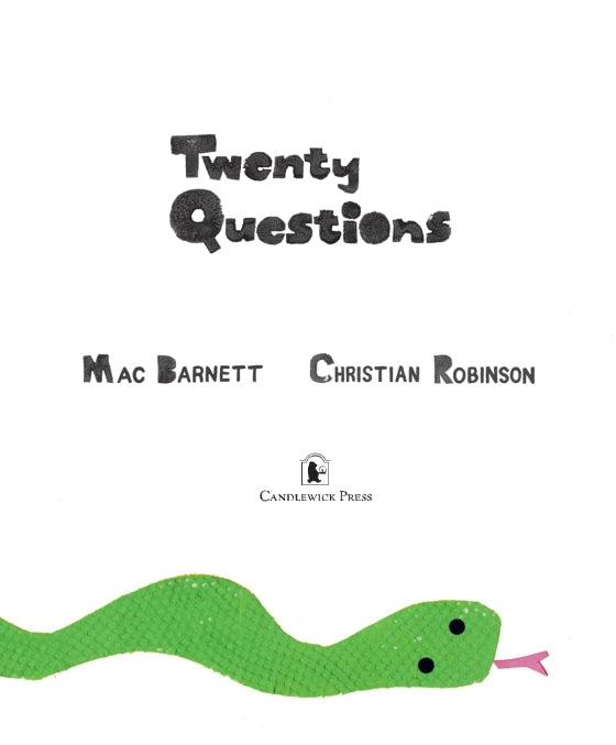 Book cover for 'Twenty Questions' by Mac Barnett and Christian Robinson, featuring a green cartoon snake on a white background with the Candlewick Press logo.
