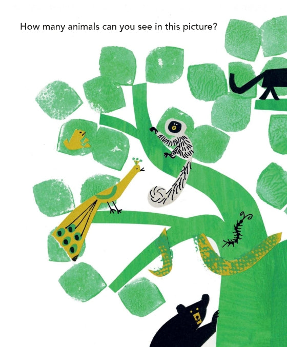 Children's book illustration with the text 'How many animals can you see in this picture?' above a stylized green tree made of stamp-like shapes, with a peacock, bird, snake, and bear drawn in black, white, and yellow.