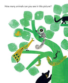 Children's book illustration with the text 'How many animals can you see in this picture?' above a stylized green tree made of stamp-like shapes, with a peacock, bird, snake, and bear drawn in black, white, and yellow.