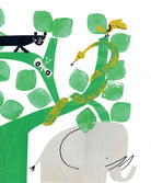A whimsical children's art print featuring green fingerprint-style leaves, a black cat, a yellow snake, and a light gray elephant on a white background.