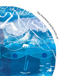 Artistic depiction of a face with mountains and an arctic bear, text 'The mountains and the Arctic air' on a blue background
