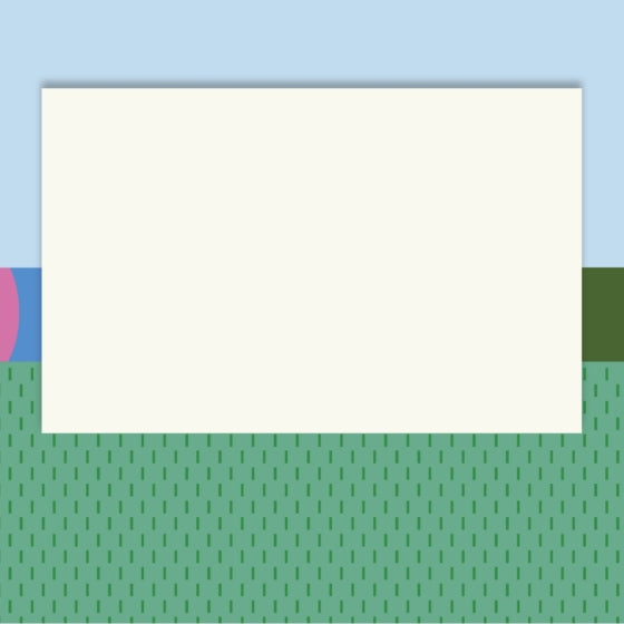 A blank off-white rectangular card or mockup centered on a stylized background with a light blue upper area, green patterned lower area, and small pink and dark green side blocks.