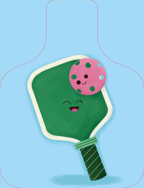 A stylized illustration of a green paddle-shaped item with a smiling face, a pink polka-dot circular accent, and a striped handle on a light blue background.