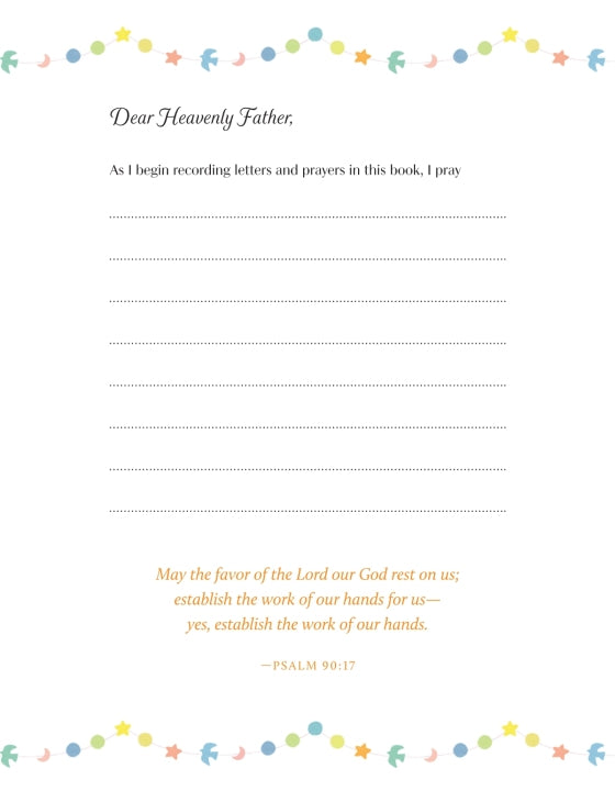 Prayer journal with colorful star and dot border at the top and bottom