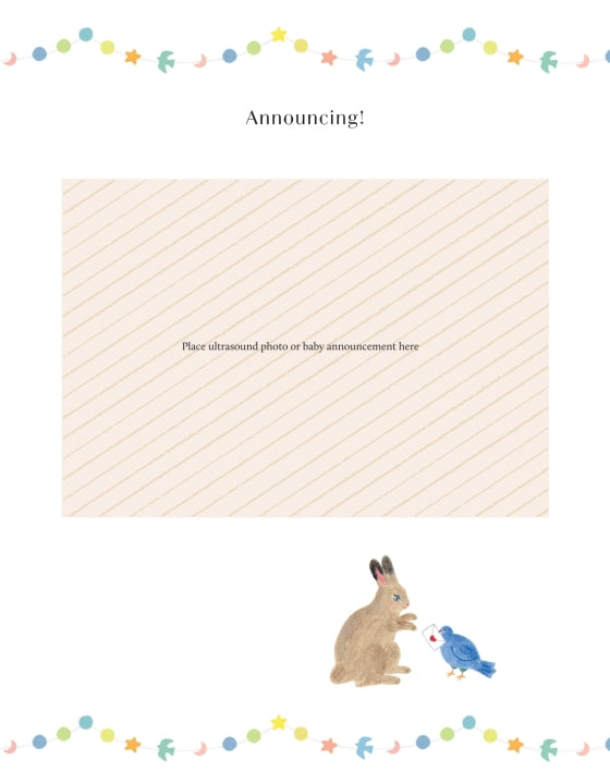 A baby announcement or ultrasound photo frame template decorated with a string of colorful flags at the top and bottom, featuring a cute watercolor rabbit and a blue bird holding a love letter at the bottom right.
