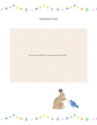 A baby announcement or ultrasound photo frame template decorated with a string of colorful flags at the top and bottom, featuring a cute watercolor rabbit and a blue bird holding a love letter at the bottom right.