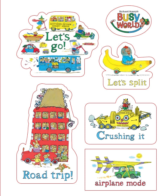 A sheet of colorful children's activity stickers or decals featuring cartoon characters and road-themed illustrations, including a red double-decker bus, yellow construction vehicle, airplane, banana-shaped vehicle, and text phrases like 'Let's go!', 'Let's split', 'Crushing it', and 'Road trip!'.